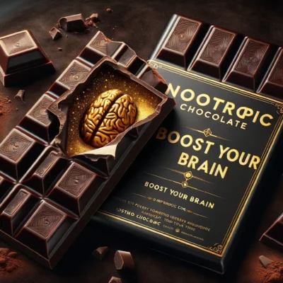 Luxurious dark chocolate bar opened to reveal a golden nootropic infused core. Next to it, there's text that reads: 'Nootropic Chocolate: Boost Your Brain'. The background is a dark, rich velvety texture.