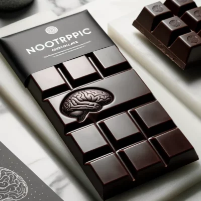 Photo of a glossy dark chocolate bar resting on a white marble countertop. The chocolate is segmented into squares, with each square embossed with a brain icon. The background features a minimalist-designed packaging with the words 'Nootropic Chocolate' in sleek silver lettering.