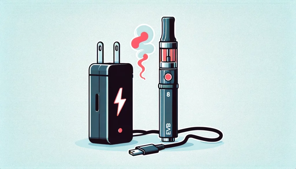 An image of a Delta 8 vape pen experiencing charging issues, symbolizing technical problems. The image should show a Delta 8 vape pen connected to a charger, but with visual cues indicating a malfunction, like a red error light or a broken charging cable. The background should be simple and clean to focus attention on the pen and its charging issue, conveying the concept of technical difficulties with vape pen charging.