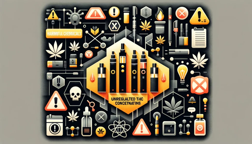 An infographic highlighting key safety concerns related to Delta 8 vape pens. The image should include symbols or icons representing potential risks such as harmful chemicals, unregulated THC concentrations, and health warnings. The infographic should be clear, informative, and visually appealing, with a balanced layout that effectively communicates the safety concerns in a concise manner.