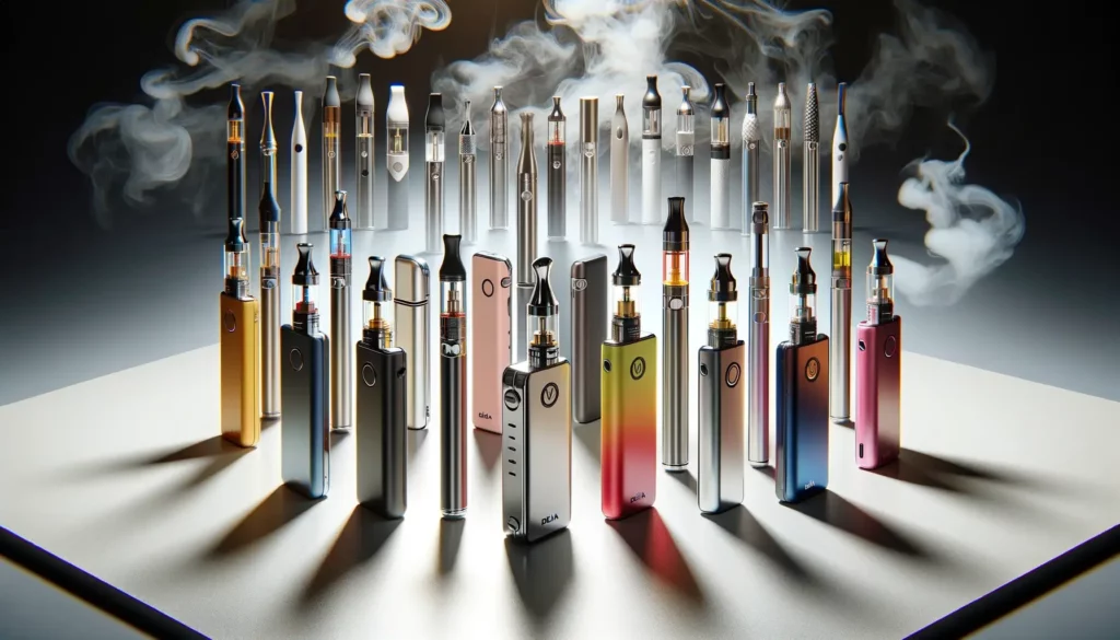 An engaging image related to Delta 8 THC or vape pens, capturing the reader's interest. The image should feature a variety of Delta 8 vape pens arranged artistically, showcasing different designs and colors, set against a modern, clean background that highlights the sleekness and variety of the products.