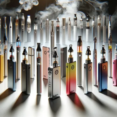 An engaging image related to Delta 8 THC or vape pens, capturing the reader's interest. The image should feature a variety of Delta 8 vape pens arranged artistically, showcasing different designs and colors, set against a modern, clean background that highlights the sleekness and variety of the products.