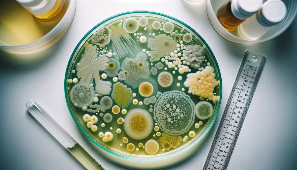 Photo of a petri dish viewed from above, containing stagnant water with various stages of bacteria growth, with visible colonies in shades of green, yellow, and white. The colonies are irregularly shaped and densely packed in some areas, while more scattered in others, against a translucent, slightly murky water background. The dish is placed on a white lab table with a clear ruler beside it for scale, under bright laboratory lighting.
