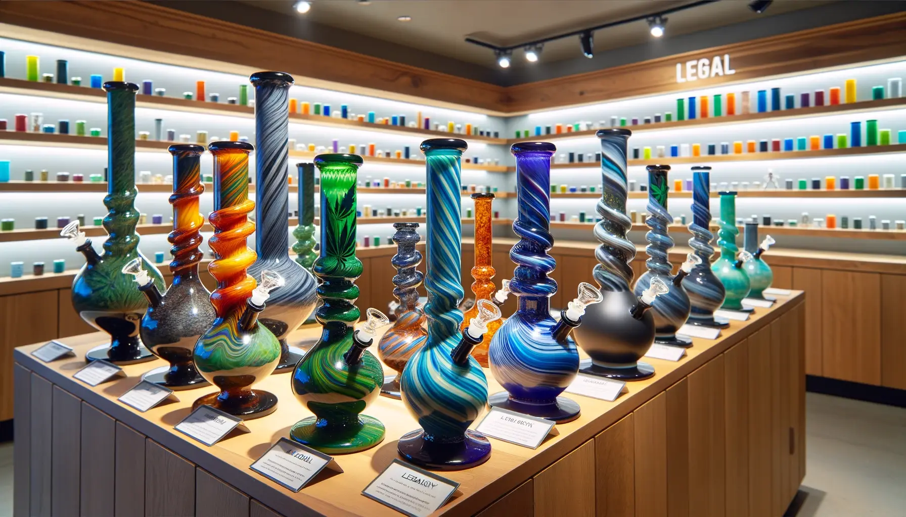 Selection of high-quality, artisanal glass bongs displayed on wooden shelves inside a modern, well-lit, legal dispensary. The bongs vary in size and are intricately designed with swirls of vibrant colors like deep blues, emerald greens, and fiery oranges. The setting includes labels indicating the craftsmanship and legality, with a clear focus on the artistry and quality of the glasswork.