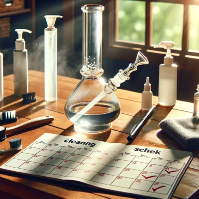 Photo of a sparkling clean glass bong on a wooden table with sunlight filtering through a nearby window. Beside the bong, there's an open calendar with marked dates every week, highlighting a cleaning schedule. Various cleaning tools, such as brushes and cleaning solutions, are neatly arranged next to the bong.
