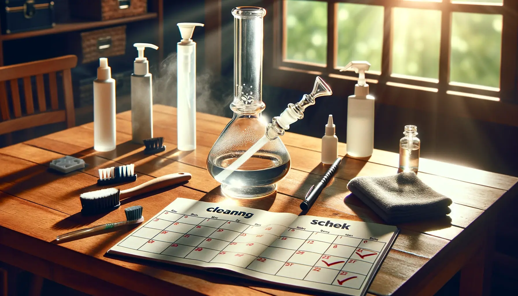 Photo of a sparkling clean glass bong on a wooden table with sunlight filtering through a nearby window. Beside the bong, there's an open calendar with marked dates every week, highlighting a cleaning schedule. Various cleaning tools, such as brushes and cleaning solutions, are neatly arranged next to the bong.