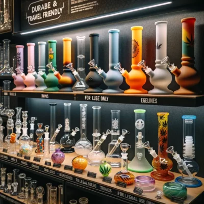 Photo: A well-lit store shelf with a diverse selection of bongs. On the left, silicone bongs in vibrant colors and various shapes are neatly displayed. Their flexible and durable nature is emphasized with a sign that reads, 'Durable & Travel-friendly'. On the right, transparent glass bongs with intricate designs and percolators are showcased, highlighting their craftsmanship. A sign next to them reads, 'Elegant & Classic'. Above the shelf, a banner states, 'For Legal Use Only'.