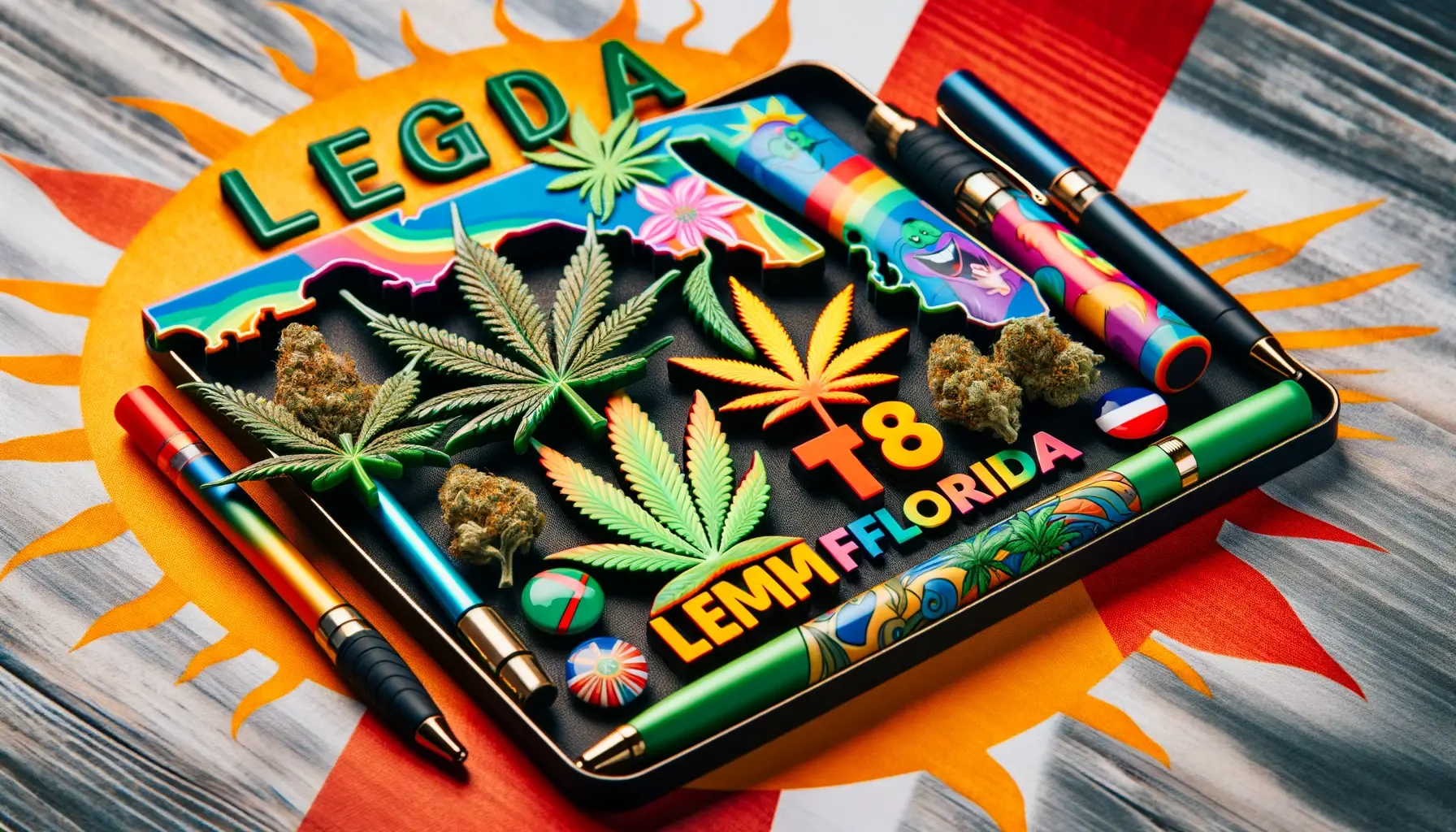 delta 8 THC pens in Florida, highlighting legality and hemp plants, with vibrant colors and a legal theme, including elements representing Florida like sunshine, palm trees