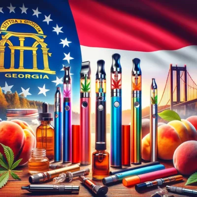 A vibrant and eye-catching image of Delta-8 THC vape pens, displayed in a legal and positive light, showcasing various designs and colors. The image should convey a sense of legality and safety, set against a backdrop of Georgia's iconic landscapes or symbols, such as peaches or the state flag, to emphasize the legal status of these products in Georgia. Include a serene and welcoming atmosphere.