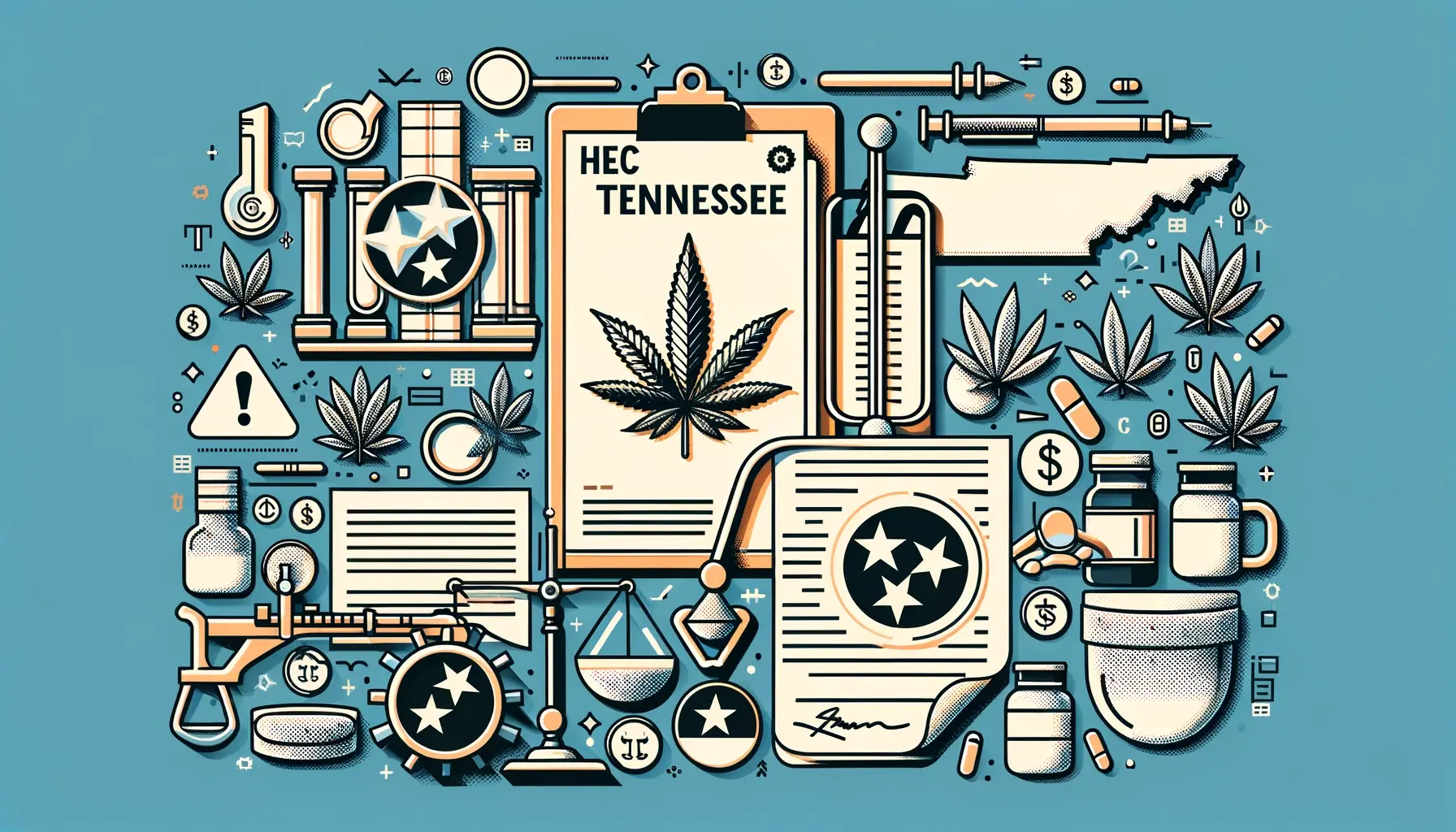 A visually appealing and modern image representing the concept of Delta 8 THC legality in Tennessee. The image should include symbols or elements related to hemp, legal documents, and the state of Tennessee, such as a map outline or state flag. The style should be informative and engaging, suitable for a feature image on a blog discussing legal aspects of Delta 8 THC.