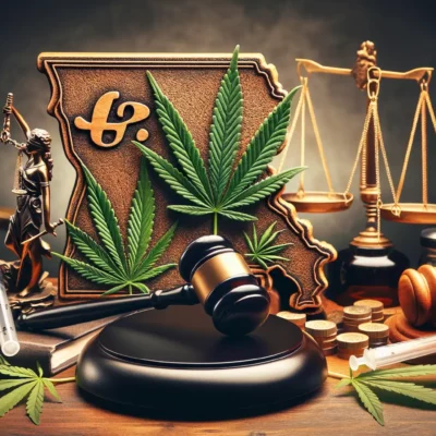 A 16:9 featured image depicting the topic of Delta 8 THC legality in Louisiana. The image should include elements symbolizing law, such as a gavel or scales of justice, intertwined with representations of Delta 8 pens and hemp leaves, set against a backdrop that suggests Louisiana, like a silhouette of the state or iconic landmarks. The overall tone should be professional and informative, appealing to an audience interested in legal and cannabis topics.