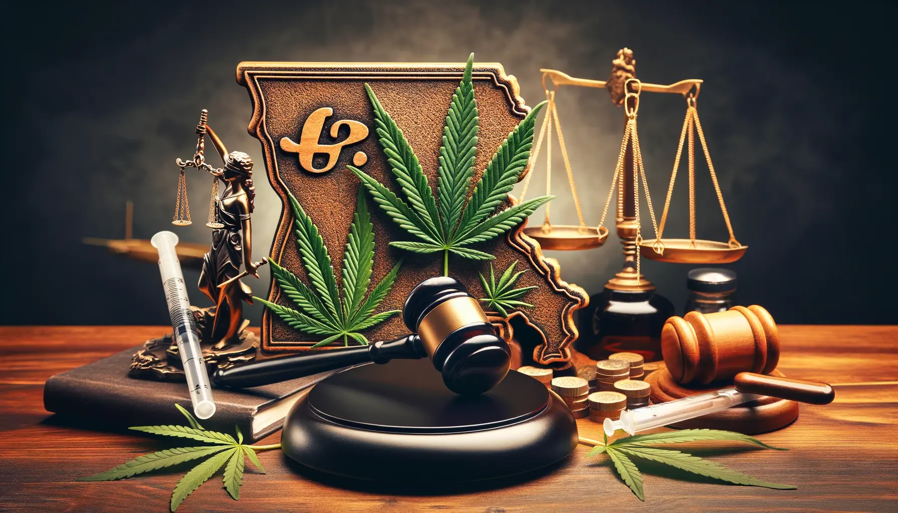 A 16:9 featured image depicting the topic of Delta 8 THC legality in Louisiana. The image should include elements symbolizing law, such as a gavel or scales of justice, intertwined with representations of Delta 8 pens and hemp leaves, set against a backdrop that suggests Louisiana, like a silhouette of the state or iconic landmarks. The overall tone should be professional and informative, appealing to an audience interested in legal and cannabis topics.