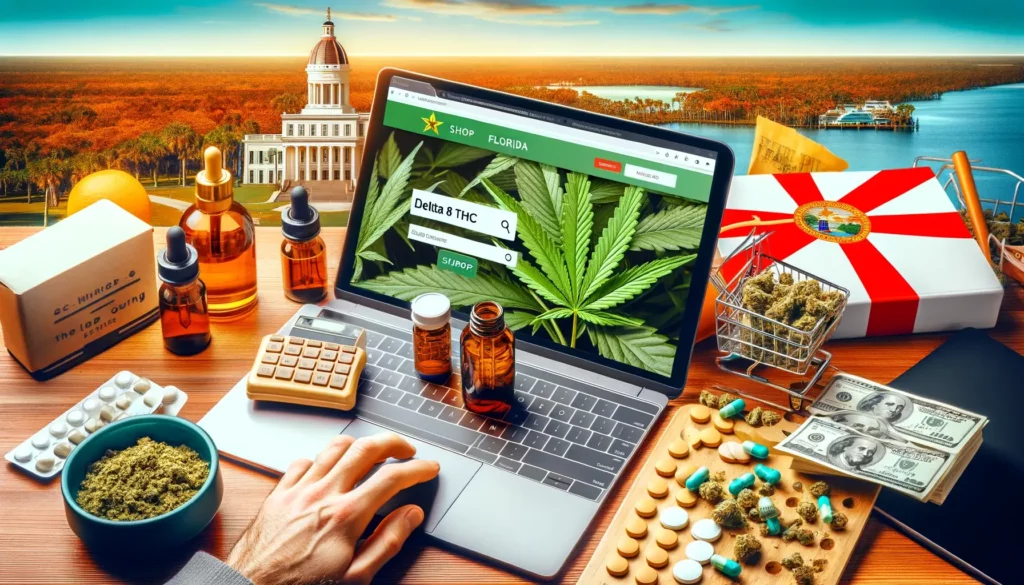 Image depicting a person shopping online for Delta 8 THC products in Florida, showing a laptop with a shopping website, hemp products, and a Florida backdrop