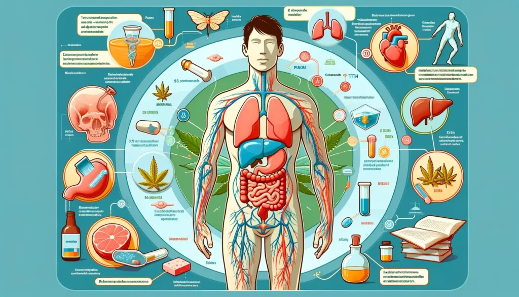 An infographic illustrating the metabolism of Delta 8 THC in the human body, showing how it interacts with different organs and is eventually metabolized. The style should be clear, informative, and visually engaging, suitable for an educational blog post.