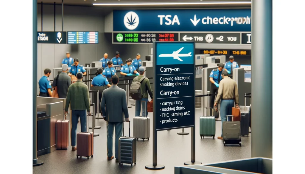 A realistic airport TSA checkpoint with signs indicating regulations for carry-on items. The scene shows travelers with luggage and TSA agents checking bags. The focus is on a sign that highlights guidelines for carrying electronic smoking devices and THC products. The atmosphere is busy yet organized, typical of an airport security area.
