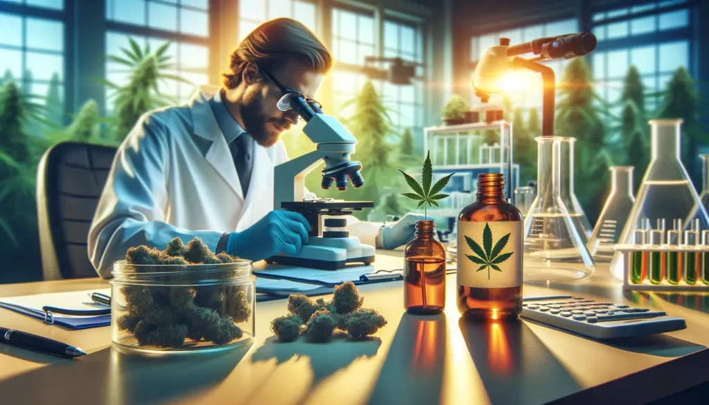Image depicting a laboratory setting with a scientist analyzing cannabis samples under a microscope, reflecting the scientific research aspect of Delta 8 THC. The image should convey a sense of professionalism and focus on scientific inquiry.