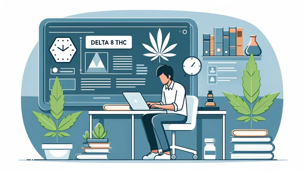 Image of a simple, clean illustration showing a person sitting at a desk researching on a laptop with books and a cannabis leaf icon in the background, representing someone learning about Delta 8 THC. The style should be professional and educational.