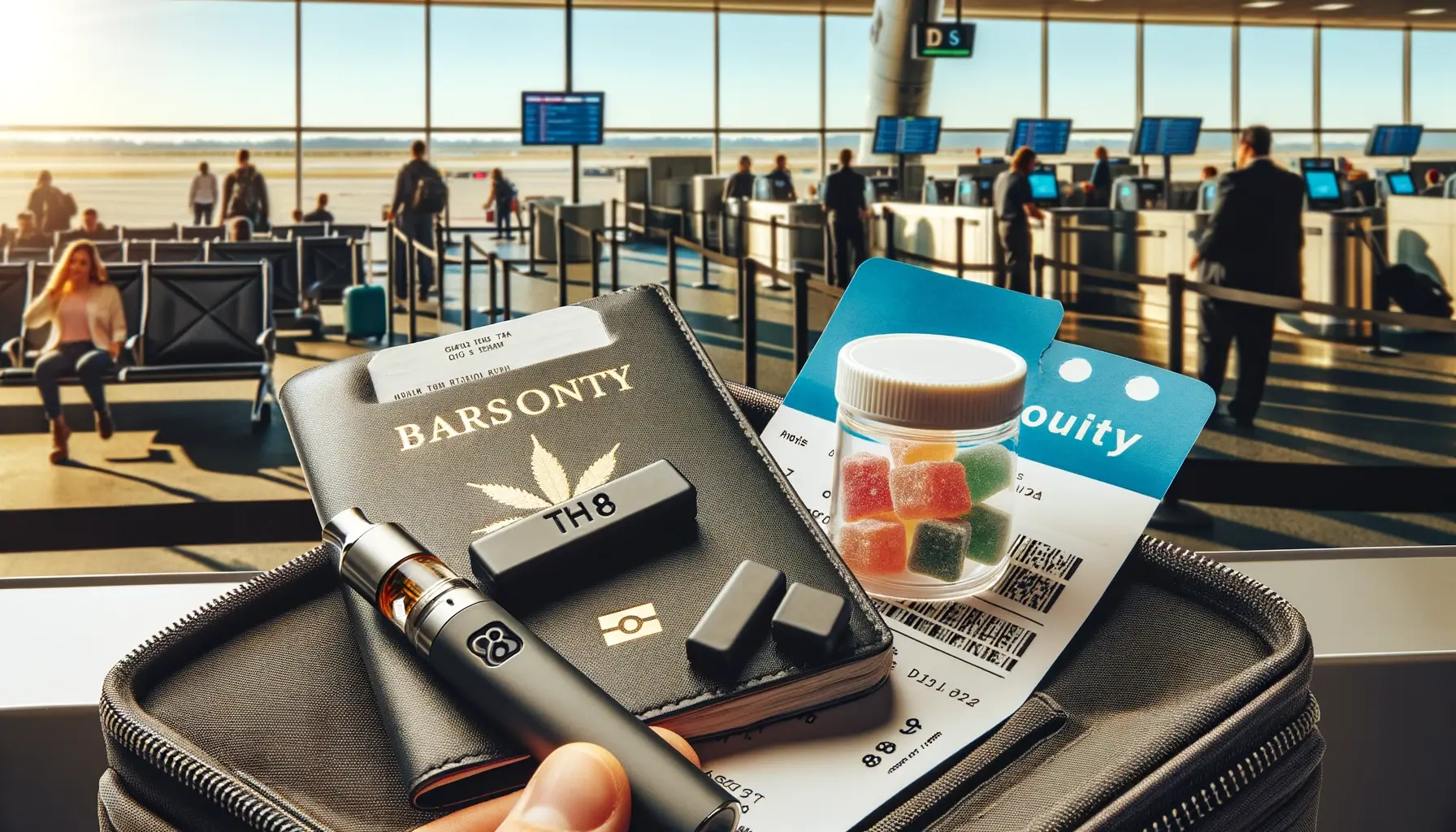 An image featuring various items related to air travel and delta 8 THC products. In the foreground, there's a delta 8 vape pen, a boarding pass, and a small container of delta 8 gummies. The background shows a blurred view of an airport with people, a security checkpoint in the distance, and a clear sky visible through large windows. The image has a calm and informative tone, aiming to visually represent the concept of traveling with delta 8 THC products.