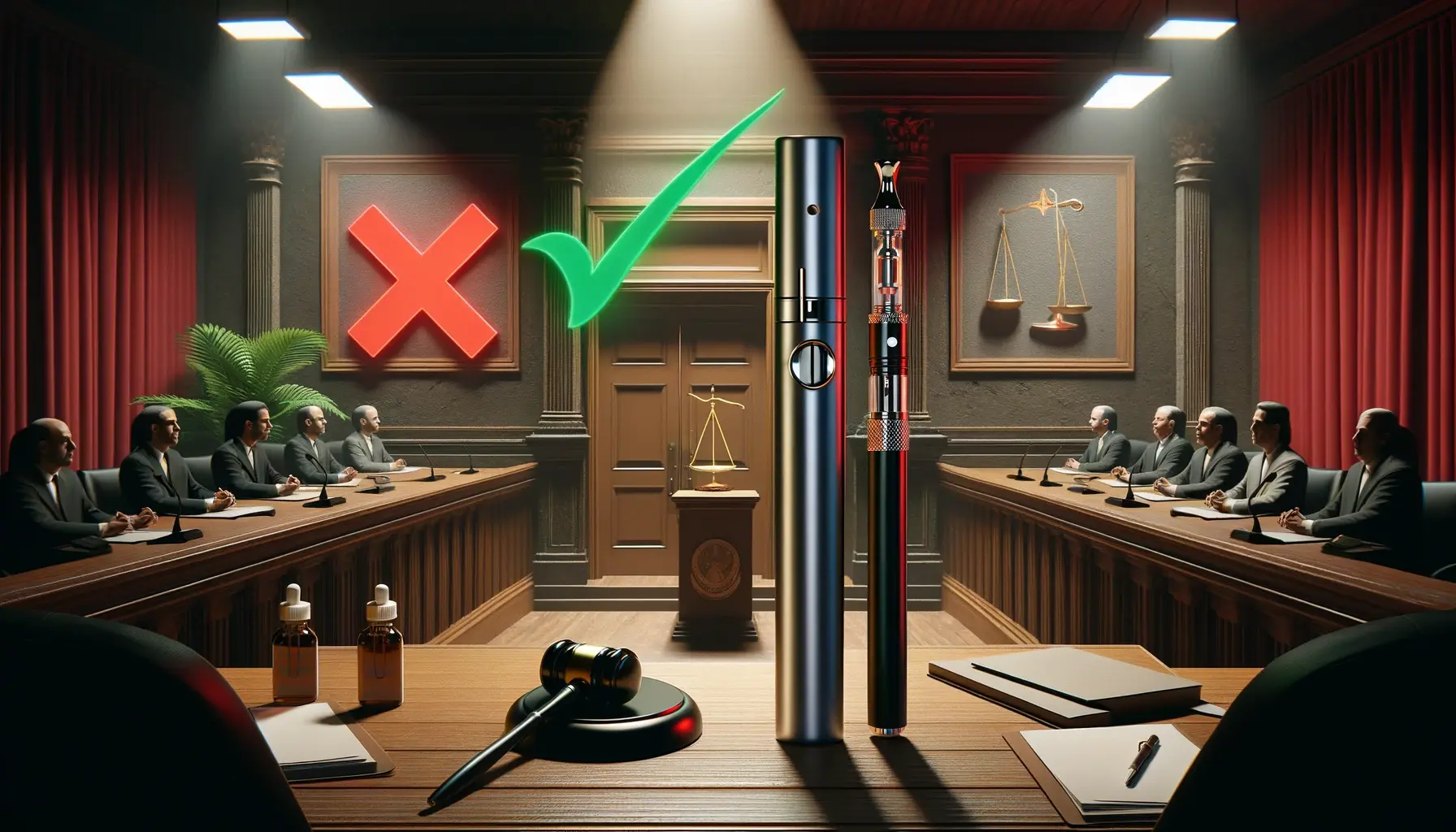 A concept image representing the legal status of Delta 8 pens. The scene is split in two: one half shows a bright, orderly courtroom with a judge's gavel and a green checkmark, symbolizing legality. The other half is darker, depicting a closed courtroom door with a red 'X' mark, indicating prohibition. Between these two halves, a Delta 8 vape pen is prominently featured, creating a visual metaphor for the debate surrounding its legal status. The image should be balanced, visually appealing, and suitable for a 16:9 aspect ratio.