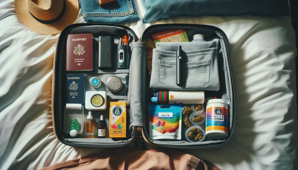 An organized and neat carry-on bag open on a bed, showing various travel essentials neatly packed. The focus is on a delta 8 vape pen and a container of delta 8 gummies placed prominently amongst other items like a passport, travel-sized toiletries, and a travel guidebook. The image conveys careful and responsible packing for air travel with delta 8 products.