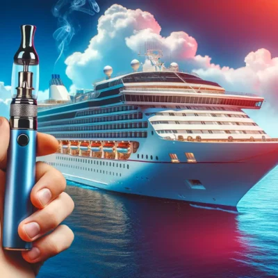 A 16:9 image depicting a cruise ship at sea with clear skies, symbolizing vacation and leisure. In the foreground, a representation of a Delta 8 vape pen, not showing any specific brand, hinting at the topic of Delta 8 usage on cruise ships. The image is vibrant, colorful, and engaging, capturing the essence of a luxurious cruise vacation juxtaposed with the controversial topic of Delta 8 pen usage.