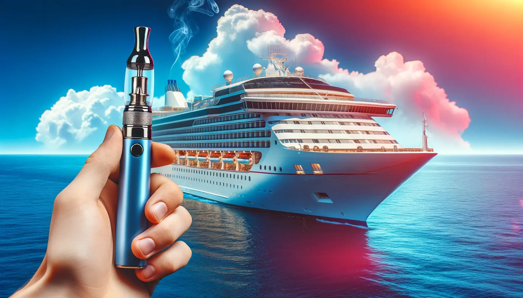A 16:9 image depicting a cruise ship at sea with clear skies, symbolizing vacation and leisure. In the foreground, a representation of a Delta 8 vape pen, not showing any specific brand, hinting at the topic of Delta 8 usage on cruise ships. The image is vibrant, colorful, and engaging, capturing the essence of a luxurious cruise vacation juxtaposed with the controversial topic of Delta 8 pen usage.