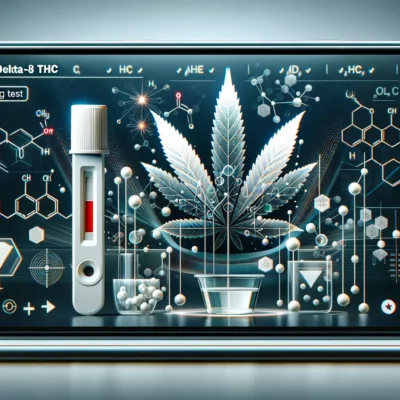 A modern, sleek featured image for a blog post about delta-8 THC and drug tests. The image should include visual elements related to cannabis, urine tests, and molecular structures, blended in a sophisticated and informative design. Include a digital, high-tech theme to represent the analytical nature of drug testing. The image should capture the essence of scientific inquiry and cannabis-related legal considerations, with a color scheme that is professional and engaging.