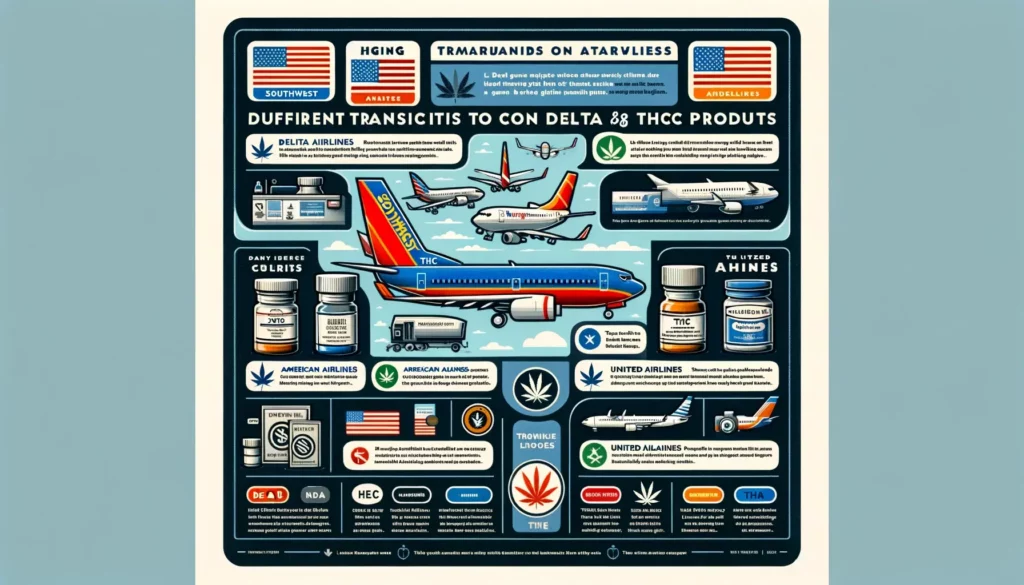 An infographic showing different airline policies regarding the transportation of delta 8 THC products. The infographic includes logos of major airlines like Southwest, American Airlines, and United Airlines, with bullet points outlining their specific rules for carrying delta 8 products on flights. The design is clear, professional, and informative, suitable for travelers seeking quick reference information.