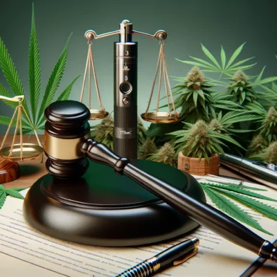 A conceptual image representing the legality of Delta 8 THC pens, featuring hemp plants, legal scales, and a gavel, with a background of a legal document and a vape pen. The image should convey a sense of legal ambiguity and the complexity of cannabis laws. The style should be realistic and informative, suitable for a blog post header.