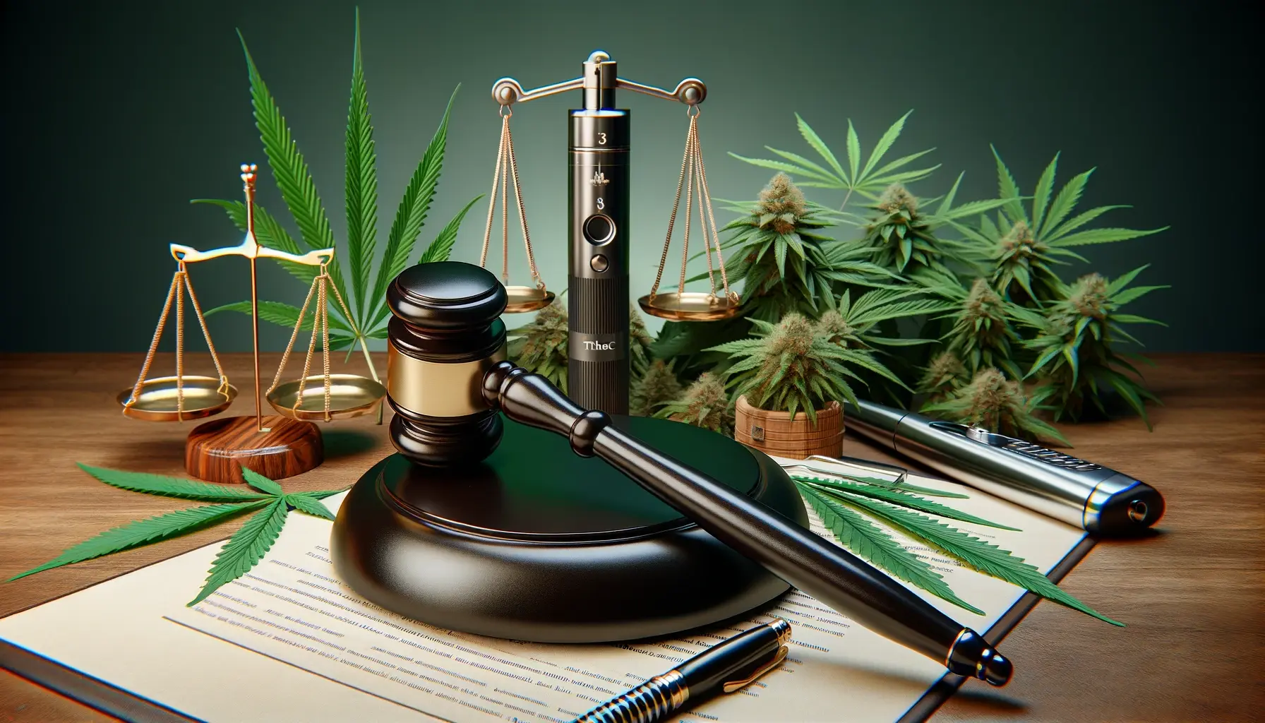 A conceptual image representing the legality of Delta 8 THC pens, featuring hemp plants, legal scales, and a gavel, with a background of a legal document and a vape pen. The image should convey a sense of legal ambiguity and the complexity of cannabis laws. The style should be realistic and informative, suitable for a blog post header.