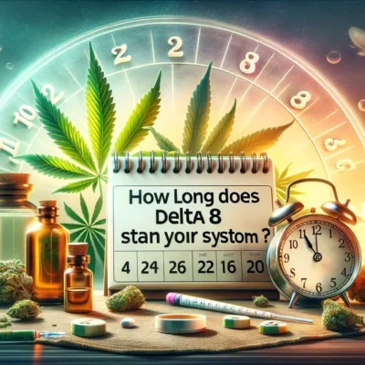 A calming and informative featured image for a blog post titled 'How Long Does Delta 8 Stay in Your System', showing a serene background with cannabis leaves, a calendar, and a clock to symbolize the passage of time and duration. The image should be professional and not promote drug use, focusing instead on the educational aspect of the content.