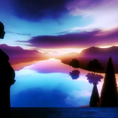 Silhouette of a pregnant woman contemplating by a tranquil lake at sunset.