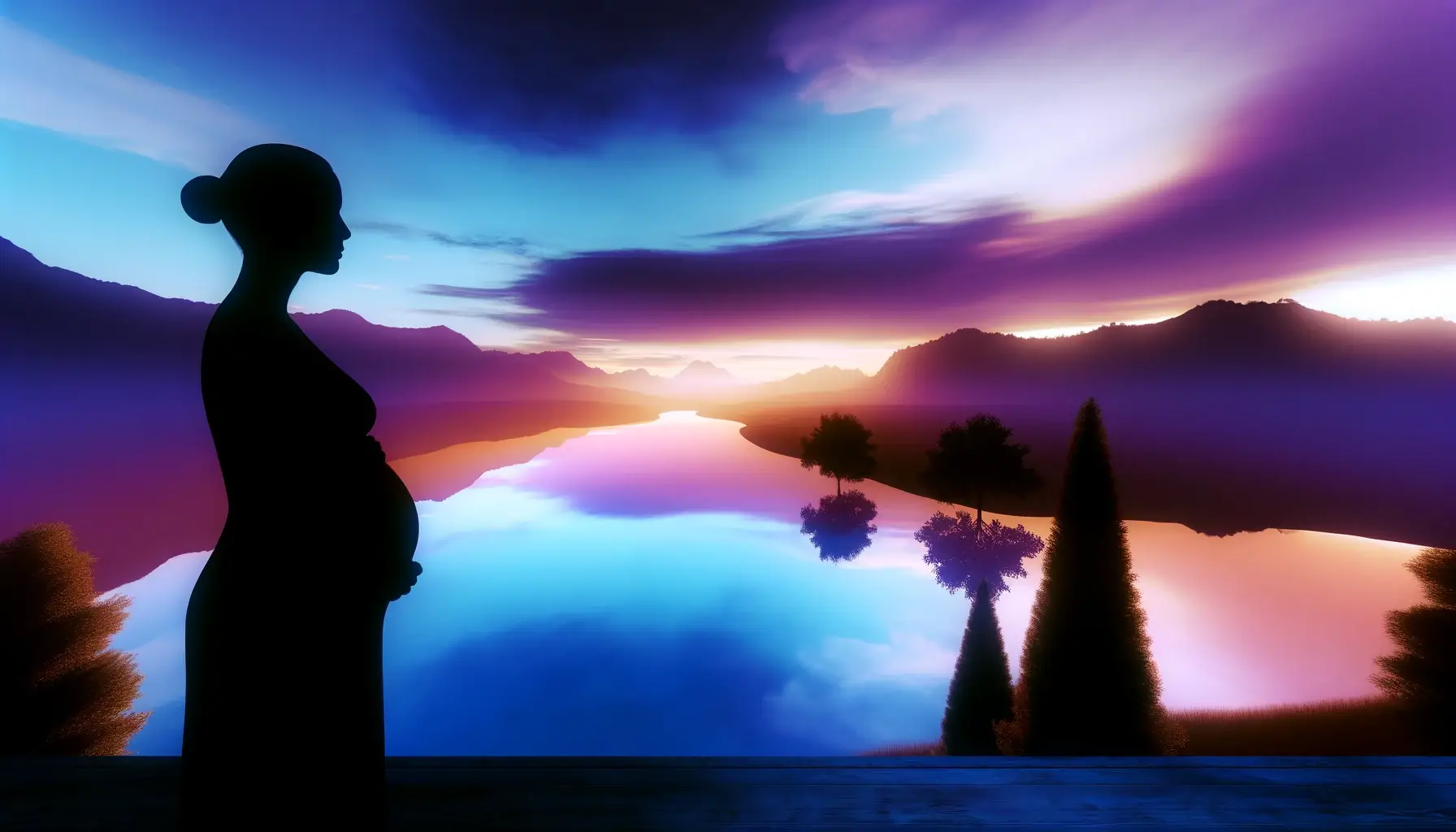Silhouette of a pregnant woman contemplating by a tranquil lake at sunset.