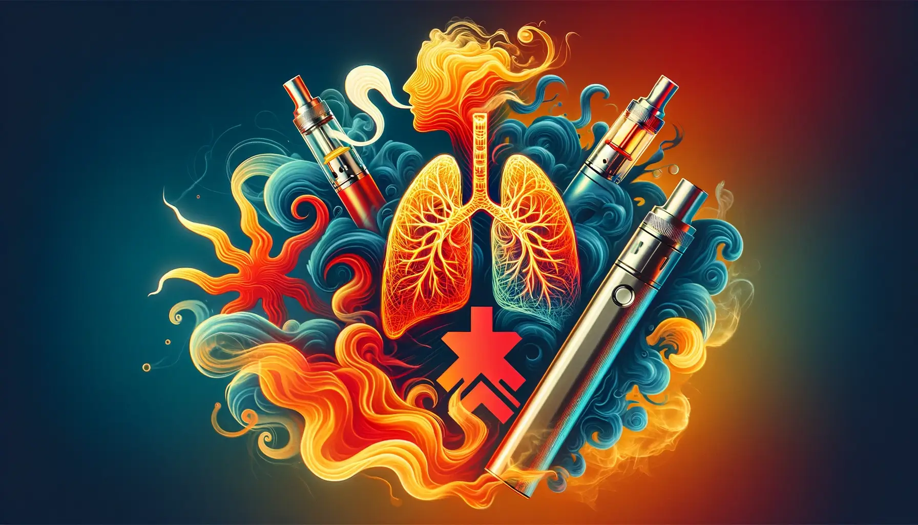 A visually engaging and abstract image representing the concept of caution and health risks associated with smoking, specifically focusing on the potential lung harm from using Delta 8 pens. The image should subtly incorporate visual elements related to vaping or smoking, such as wisps of smoke or a stylized pen, alongside symbols of health or the lungs, like a human silhouette with lung outlines or a medical cross. The colors should be a mix of vibrant and warning tones, such as reds, oranges, and yellows, to draw attention to the cautionary message without directly showing any brand or product.