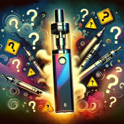 A captivating 16:9 image representing the query 'Are delta 8 pens dangerous', featuring a stylized representation of delta 8 vape pens with caution symbols and question marks surrounding them, conveying a sense of inquiry and caution. The background is a blend of dark and light colors to highlight the pens and symbols, creating a visually striking and thought-provoking composition.