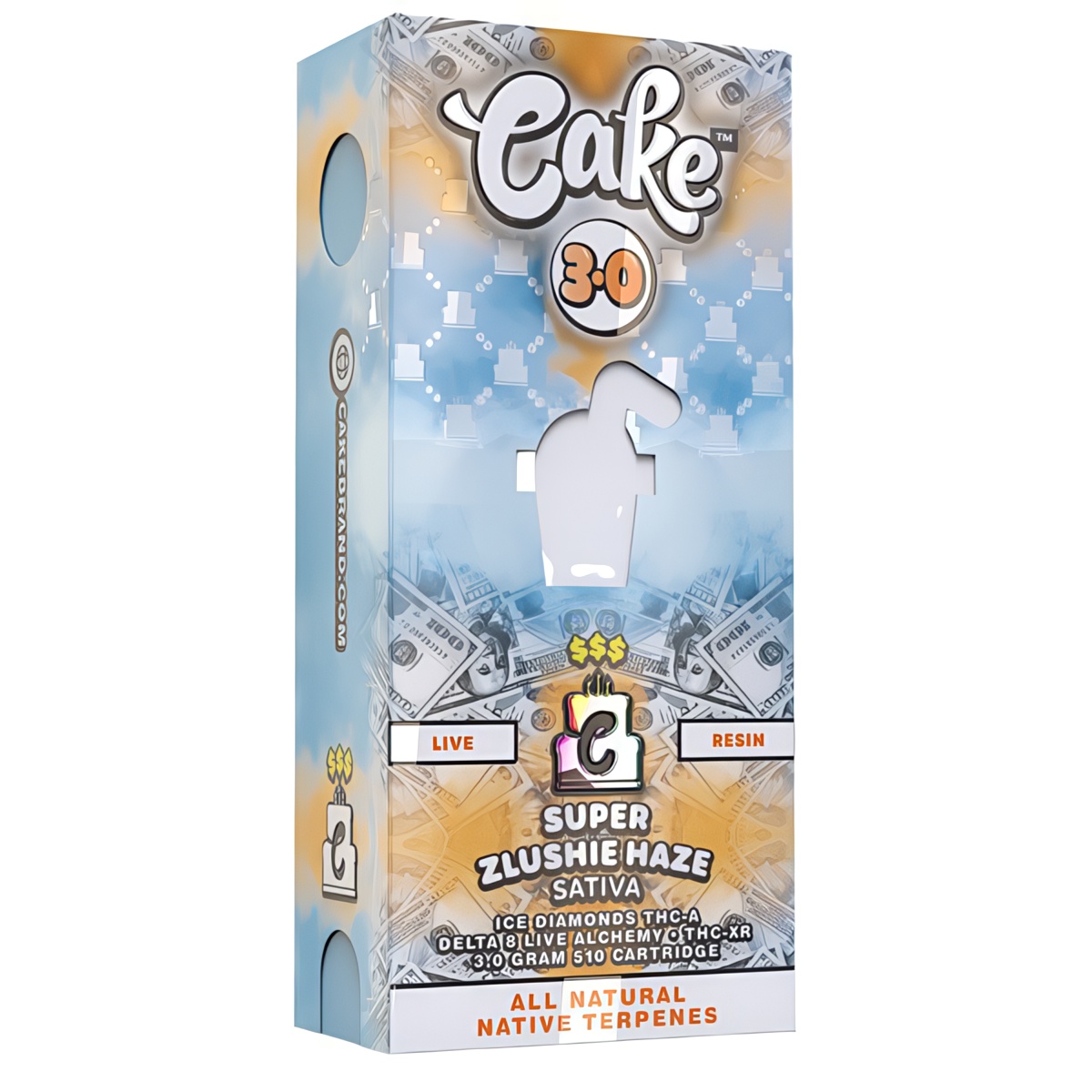 Cake $$$ Vape Cartridge 3G with D8, THCA, THCXR - Super Zlushie Haze (Sativa) Strain