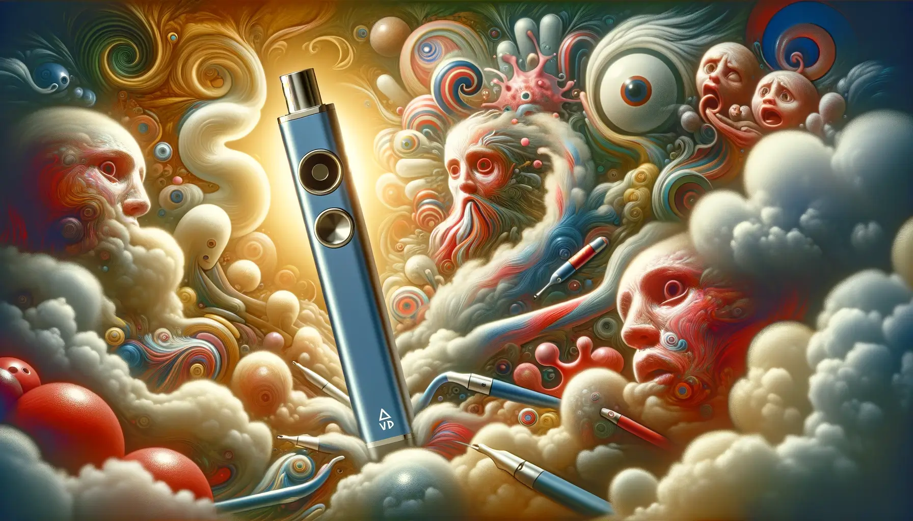 stylized Delta 8 vape pen surrounded by abstract representations of discomfort