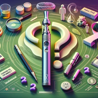A visually striking, informative featured image illustrating the theme 'Can Delta 8 Pens Cause Cancer?' The image should include a Delta 8 vape pen surrounded by question marks to symbolize inquiry and uncertainty. The background should depict a juxtaposition of health symbols and cancer awareness ribbons, to represent the dual nature of the question. Include visual elements that suggest research and medical inquiry, such as a magnifying glass inspecting the vape pen, and a balance scale indicating the weighing of evidence. The overall tone should be neutral and thought-provoking, encouraging viewers to seek more information. The image should be designed in a modern, infographic style, suitable for a health advisory or investigative article, with a clear focus on the Delta 8 pen as the subject of question. The color palette should include shades of green, associated with Delta 8, and the typical lavender of cancer awareness ribbons, ensuring the image is visually balanced and suitable for a wide audience.