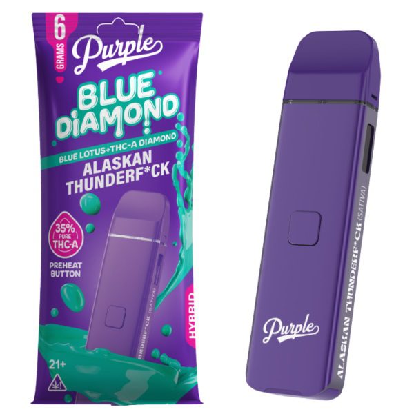 Purple Blue Diamond Disposable Vape Pen 6 Grams infused with THC-A and blue lotus - Alaskan Thunderfuck (Sativa) Strain