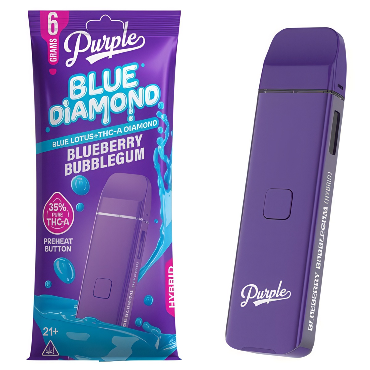 Purple Blue Diamond Disposable Vape Pen 6 Grams infused with THC-A and blue lotus - Blueberry Bubblegum (Hybrid) Strain