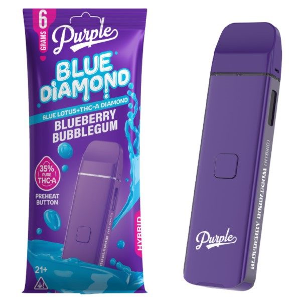 Purple Blue Diamond Disposable Vape Pen 6 Grams infused with THC-A and blue lotus - Blueberry Bubblegum (Hybrid) Strain