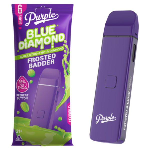 Purple Blue Diamond Disposable Vape Pen 6 Grams infused with THC-A and blue lotus - Frosted Badder (Hybrid) Strain