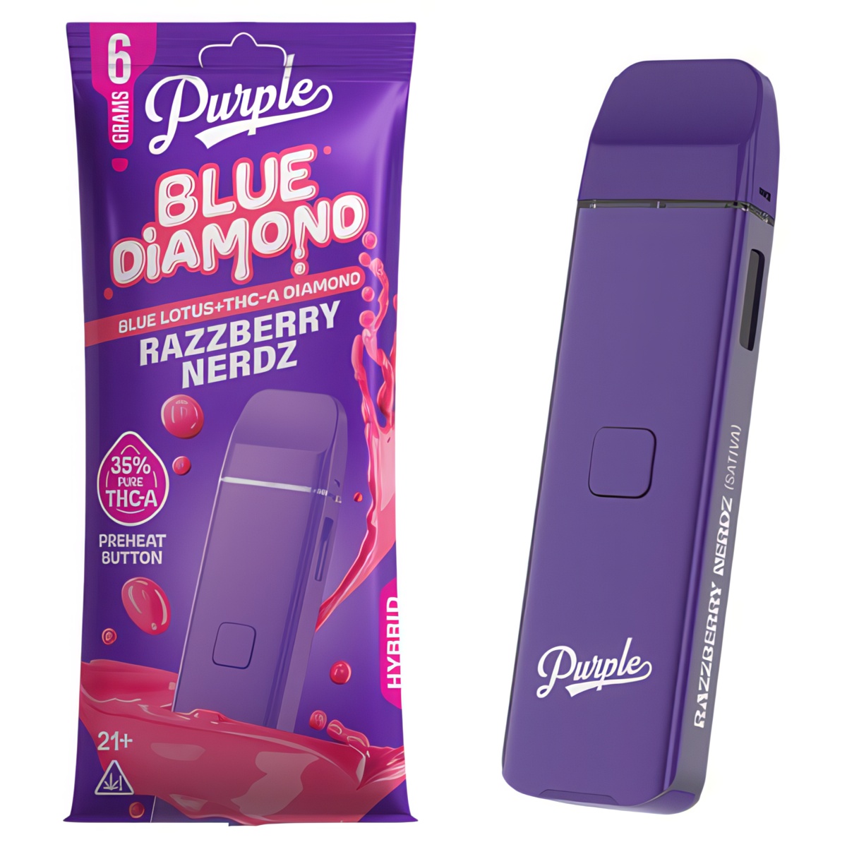 Purple Blue Diamond Disposable Vape Pen 6 Grams infused with THC-A and blue lotus - Razzberry Nerdz (Hybrid) Strain