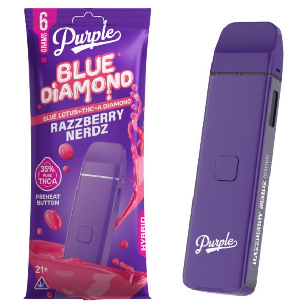 Purple Blue Diamond Disposable Vape Pen 6 Grams infused with THC-A and blue lotus - Razzberry Nerdz (Hybrid) Strain
