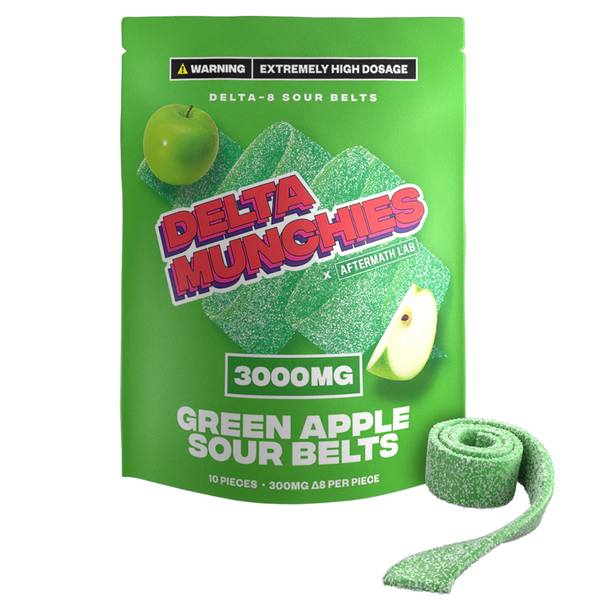 Delta Munchies Delta 8 Sour Belts 3000mg: Green Apple