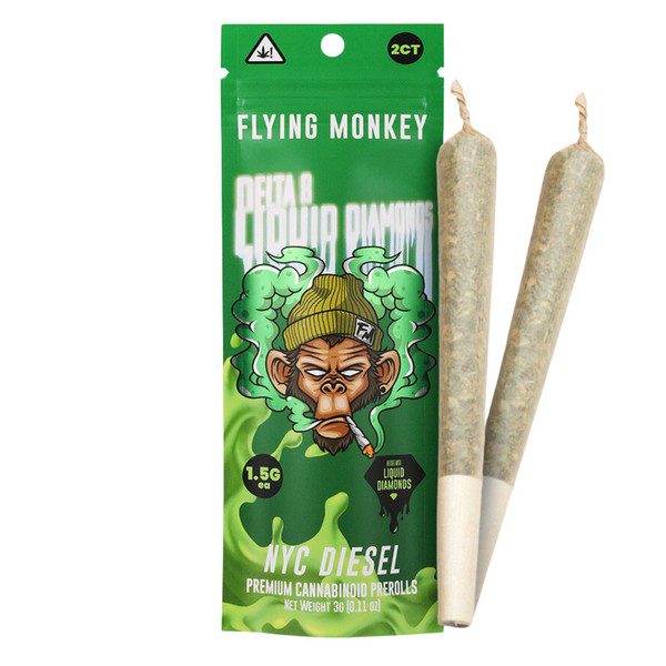 Flying Monkey Delta 8 Liquid Diamonds Prerolls 3G | 2pk: NYC Diesel (Hybrid)