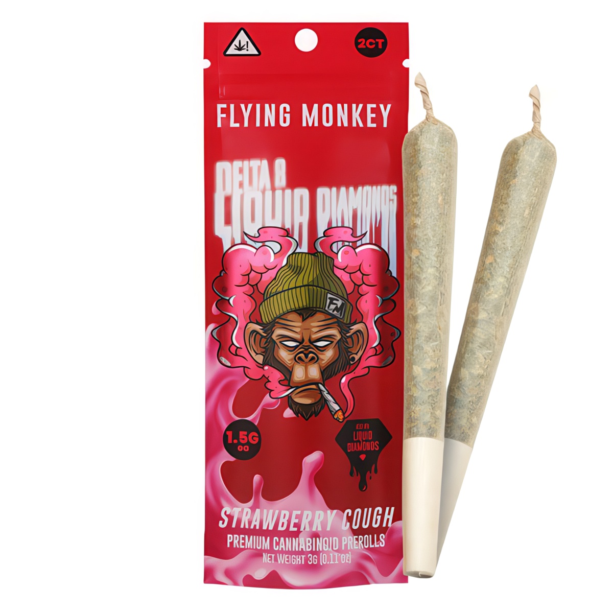 Flying Monkey Delta 8 Liquid Diamonds Prerolls 3G | 2pk: Strawberry Cough (Indica)