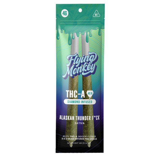 Flying Monkey THC-A Diamond Infused Pre Rolls 4G | 2ct: Alaskan Thunderfuck (Sativa)