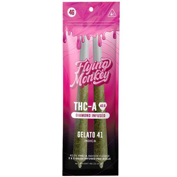 Flying Monkey THC-A Diamond Infused Pre Rolls 4G | 2ct: Gelato 41 (Indica