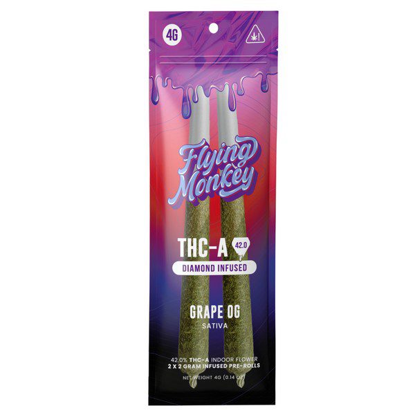 Flying Monkey THC-A Diamond Infused Pre Rolls 4G | 2ct: Grape OG (Sativa)